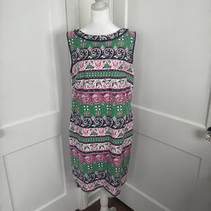 Talbots Dress Womens 12 Green Pink Cotton Sleeveless Sheath Fringe Coastal